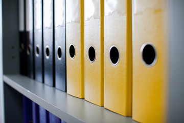 colorful archive folders for documents on the shelves in the office