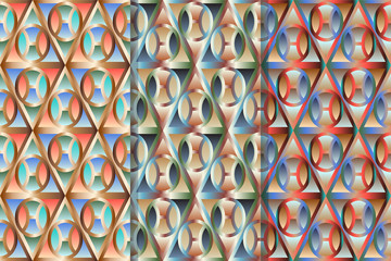 Fototapeta premium Set of three fashion seamless patterns with geometric shapes, creating the effect of volume. Colorful illustration, eps10. Clipping mask applied.
