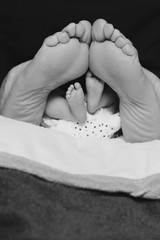 Father and baby's feet. Child with father together barefoot - 258702330