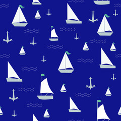 Seamless pattern with sailing ships on waves, sea theme print fabrics