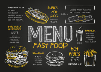 Restaurant Food Menu Design template with Chalkboard Background. Vintage chalk drawing fast food menu in vector sketch style.