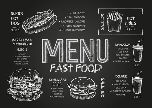 Burger menu poster design on the chalkboard elements. Fast food menu skech style. Can be used for layout, banner, web design, brochure template. Vector illustration.