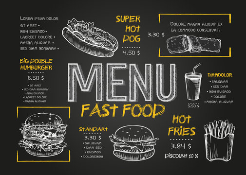 Fast food menu cover layout with breakfast, drinks, and other menu items on chalkboard. Fast food menu design and fast food hand drawn vector illustration. Restaurant menu template with burger sketch.