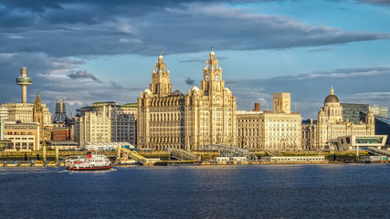 Liverpool skyline, ferry across the Mersey, iconic historical buildings