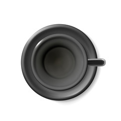 Top view mockup of a realistic blank empty black cup for coffee, tea. Tea set 3d illustration of a mug on a saucer detailed, a isolating light background. EPS10 with a shadow
