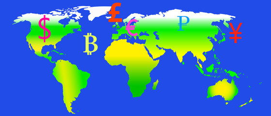 Vector drawing of a world map and currency symbols on a blue background