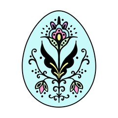 Vector illustration. Egg of blue color with black edging. Without background. EPS. Black graphics with color filling in delicate color.