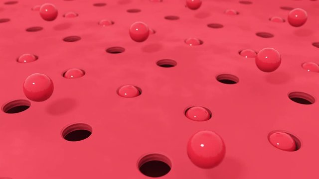 Abstract 3d shapes red balls flying in holes in different pastel colors. 4K computer rendering loop animation.