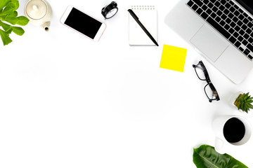 Creative flat lay photo of modern workplace with laptop, top view laptop background and copy space on white background, Above view shot of Computers on white background