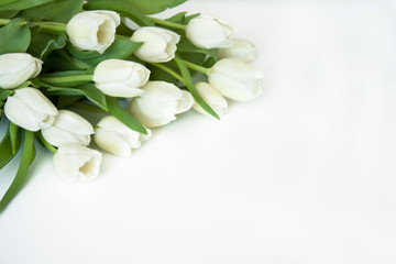 Obraz na płótnie Canvas Romantic background festive bouquet of flowers. Beautiful white tulips with leaves. Flower card for the event. Birthday, love, festival.