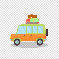 Colored Modern Car with Luggage on Roof Isolated.