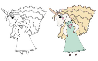 Black line little Unicorn with long hair in dress with heart for coloring book or pages