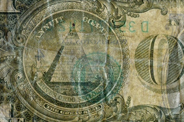 Fototapeta na wymiar The Great Seal pyramid, highly magnified surface of used 1 dollar banknote with visible details of cotton fiber paper, with all flaws, watermarks and traces of usage.