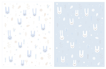 Lovely Hand Drawn Bunnies Vector Pattern. Sweet White and Blue Rabbits Sitting Among Flowers. Cute Abstract Garden on a White and Light Blue Background. Delicate Bright Nursery Art.