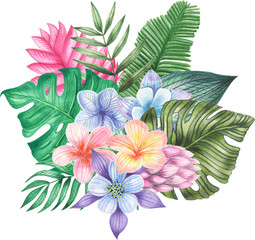 Watercolor illustration of tropical leaves and flowers