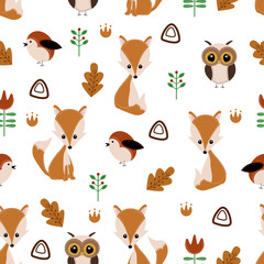 seamless pattern with fox and owl in forest - vector illustration, eps