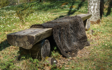 Animal skin on the bench.