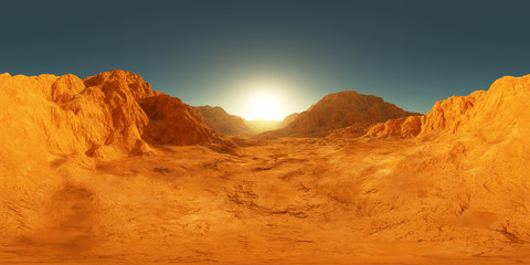 Fototapeta na wymiar 360 degree panorama of Mars sunset, environment HDRI map. Equirectangular projection, spherical panorama. Martian landscape, 3d rendering