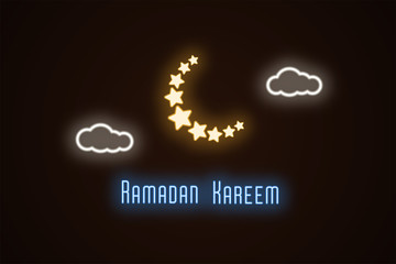 Neon illustration of Ramadan Kareem. Vector neon