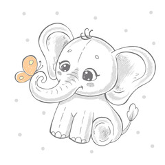 Cute elephant with a butterfly on the trunk. Hand drawn vector illustration