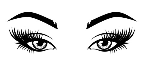 Eyelash extension logo. Vector illustration of eyes with long eyelashes and make-up.