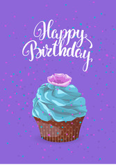 Sweet dessert on a bright background with an inscription greeting card. Happy birthday chocolate cake with cream and cookies on a purple background, template vector