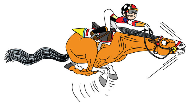 cartoon race horse with jockey galloping in the full speed . Funny equestrian sport. Derby. Vector illustration