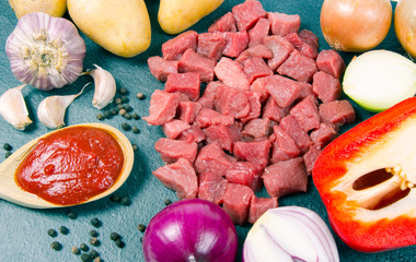 Ingredients for the preparation of traditional Hungarian goulash.