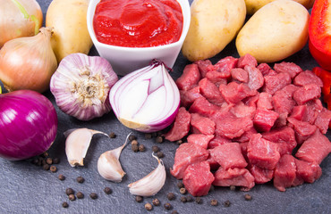 Ingredients for the preparation of traditional Hungarian goulash.