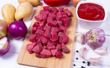 Ingredients for the preparation of traditional Hungarian goulash.