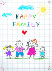 Happy Family Holding Hands Baby Drawing. Doodle.