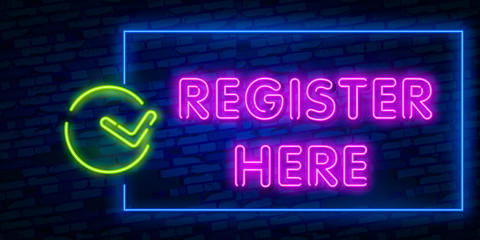 Register Here neon sign. Luminous signboard with colorful inscription. Night bright advertisement. Vector illustration in neon style for website, webinar