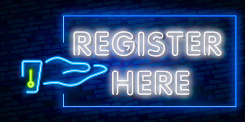 Register Here neon sign. Luminous signboard with colorful inscription. Night bright advertisement. Vector illustration in neon style for website, webinar