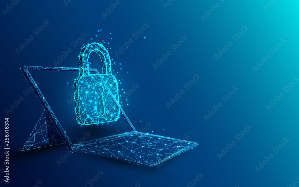 Fototapete Laptop with padlock and security concept from lines, triangles and particle style design. Illustration vector