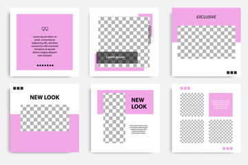 Editable square abstract geometric banner template for social media post. Black and purple frame in the white background. Minimal design background vector illustration