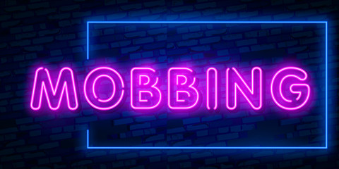 Neon sign Mobbing word concept. Neon Mobbing Text Vector With Brick Wall Background. design template modern trend design night neon signboard. Use for cover, banner, blog.
