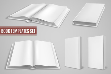 White book templates. Blank open book covers, closed brochure covers. Empty textbook with hardcover. Isolated vector mockups © YummyBuum
