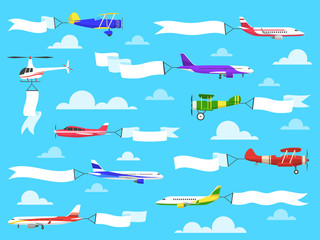 Banners with planes. Flying airplanes with banner in sky, helicopter with advertisement message on ribbons. Vector set © YummyBuum