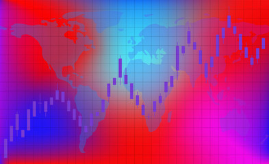 Growing trend. The schedule of trading on the exchange. On the background is a map, candles, grid, indicator. The place for copy space.Bright violet background with blue glow.