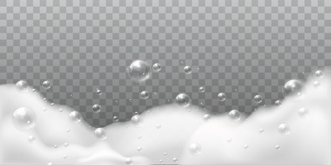 Soap foam. White bubbles of bath or laundry. Shampoo soap clean shiny bubbling. Washing hygiene detergent isolated vector illustration - obrazy, fototapety, plakaty