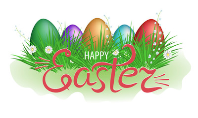 Easter eggs in green grass with flowers and lettering happy Easter on white background. Decorative element for design. Vector