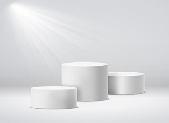Winners pedestal. White 3d geometric studio podium with spotlights. Empty pedestals vector isolated illustration