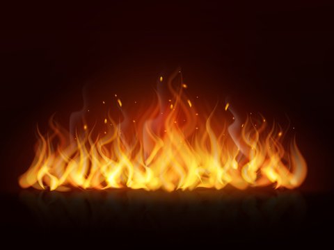 Realistic flame. Burning fiery hot wall, fireplace warm fire, blazing bonfire red flames effect. flaming vector background