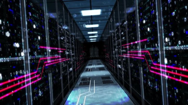 Fast hypnotizing flight through the server room. Futuristic technology seamless and loopable animation with computer racks. Artificial intelligence, cloud computing and big data analyzing concept.