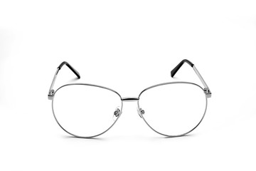Silver frame of flat glasses on white background
