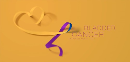 Bladder Cancer Awareness Calligraphy Poster Design. Realistic Marigold And Blue And Purple Ribbon. May is Cancer Awareness Month. Vector