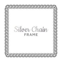 Silver chain square border frame. Rectangle wreath shape. Jewelry design, text frame. Realistic vector illustration isolated on a white background.