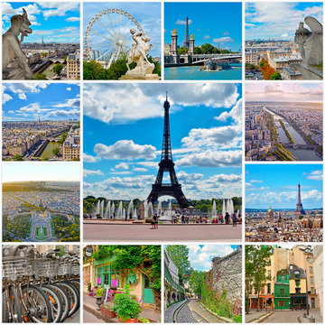 Beautiful photos of Paris. Eiffel tower and other famous places and landmarks of Paris. Collage travel background