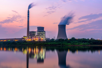 At dusk, the thermal power plants  , Cooling tower of nuclear power plant Dukovany  - Powered by Adobe