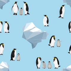 Seamless pattern. Emperor penguins on a blue background. Icebergs. Realistic birds of the Antarctic. Vector for packaging, paper, prints and cards
